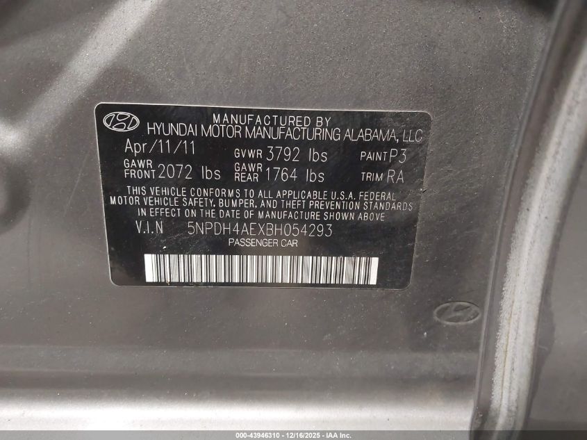 2011 Hyundai Elantra Gls VIN: 5NPDH4AEXBH054293 Lot: 43946310