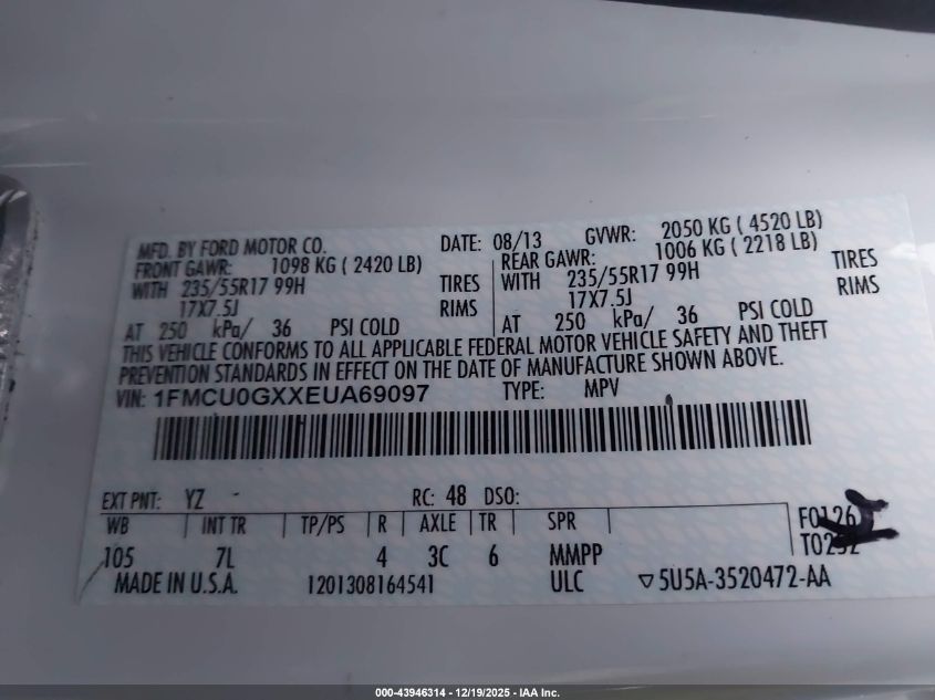 2014 Ford Escape Se VIN: 1FMCU0GXXEUA69097 Lot: 43946314