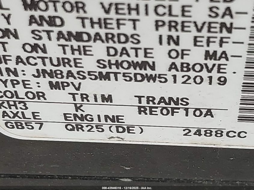 2013 Nissan Rogue Sv W/Sl Pkg VIN: JN8AS5MT5DW512019 Lot: 43946316