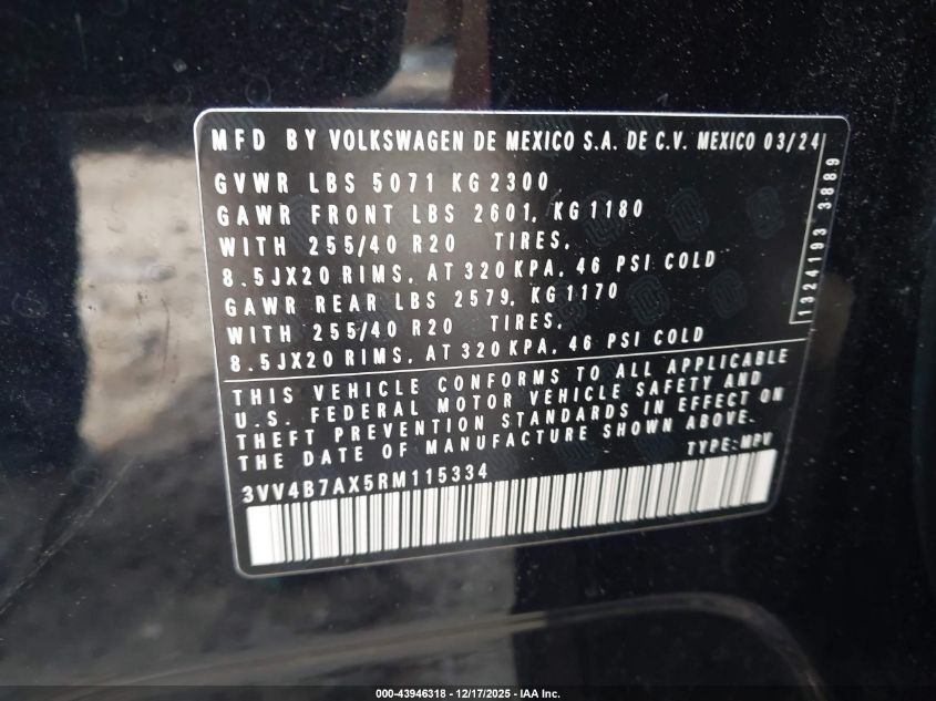 2024 Volkswagen Tiguan 2.0T Sel R-Line VIN: 3VV4B7AX5RM115334 Lot: 43946318