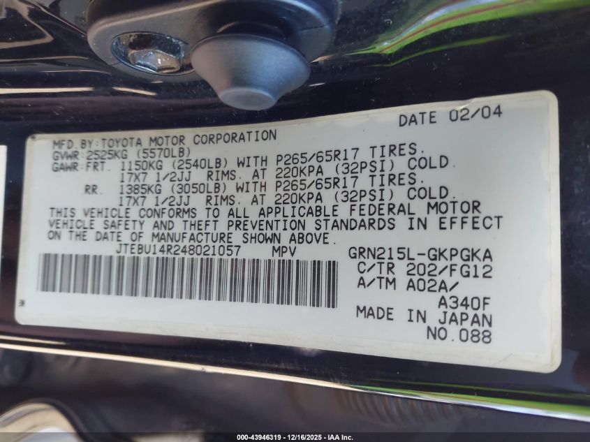 2004 Toyota 4Runner Sr5 V6 VIN: JTEBU14R248021057 Lot: 43946319