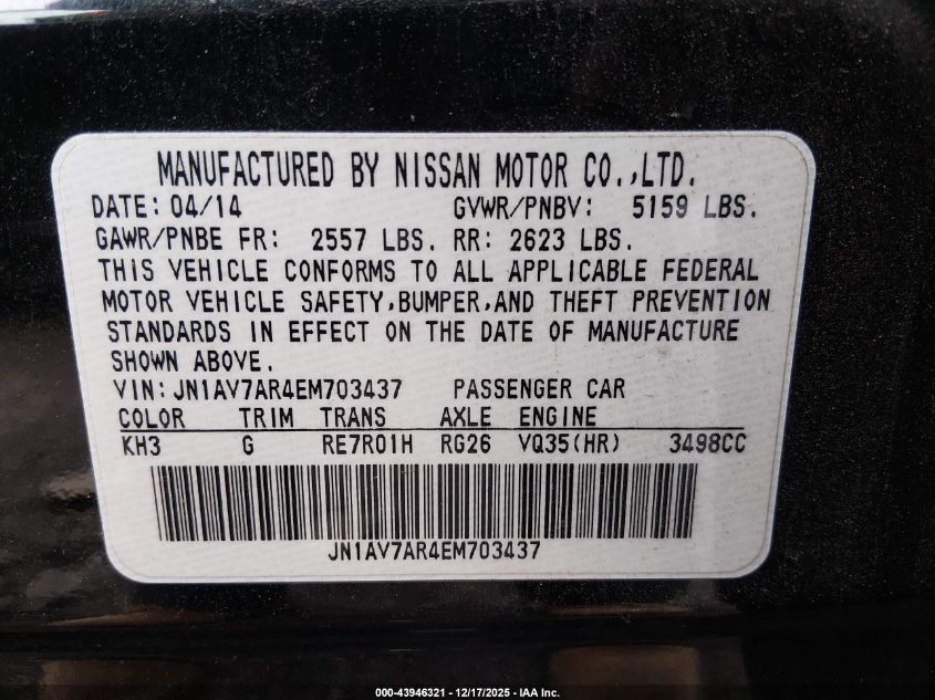 2014 Infiniti Q50 Hybrid Premium/Sport VIN: JN1AV7AR4EM703437 Lot: 43946321