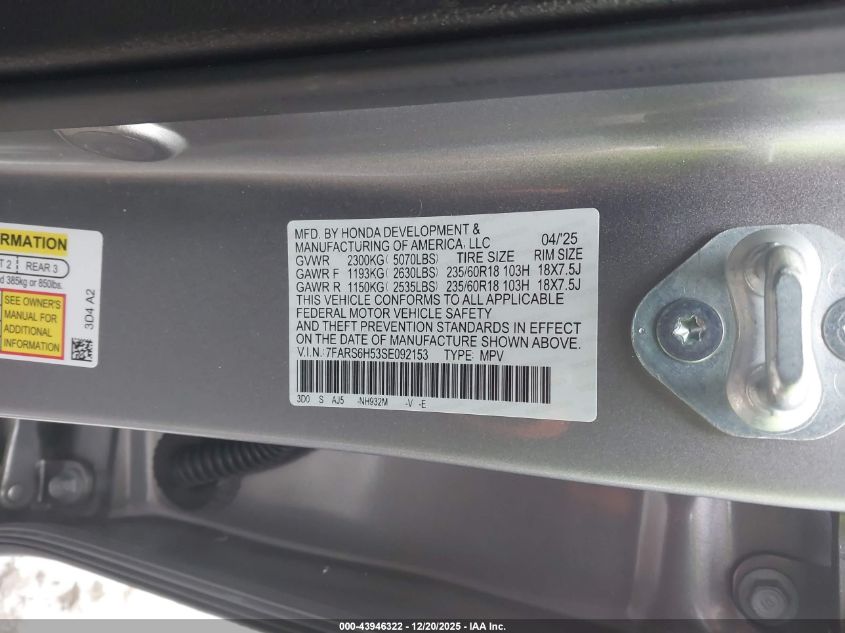 2025 Honda Cr-V Hybrid Sport VIN: 7FARS6H53SE092153 Lot: 43946322