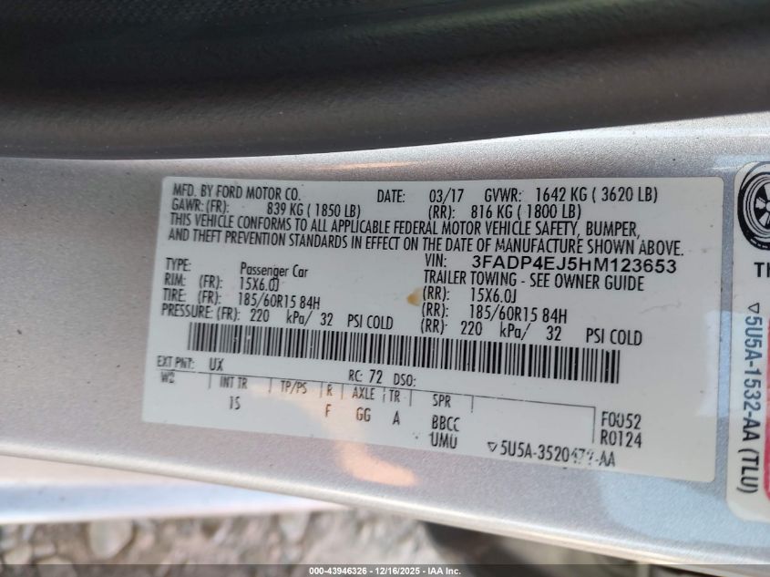 2017 Ford Fiesta Se VIN: 3FADP4EJ5HM123653 Lot: 43946326