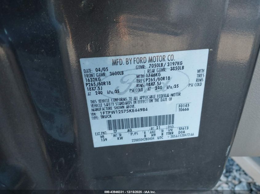 2005 Ford F-150 Lariat/Xlt VIN: 1FTPW12575KE44984 Lot: 43946331