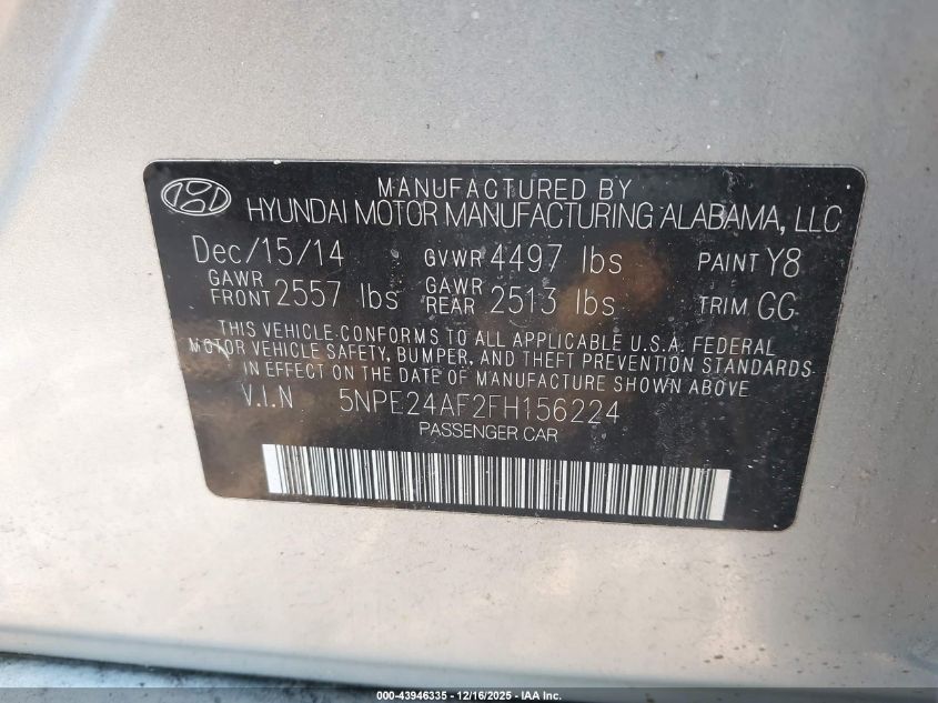 2015 Hyundai Sonata Se VIN: 5NPE24AF2FH156224 Lot: 43946335