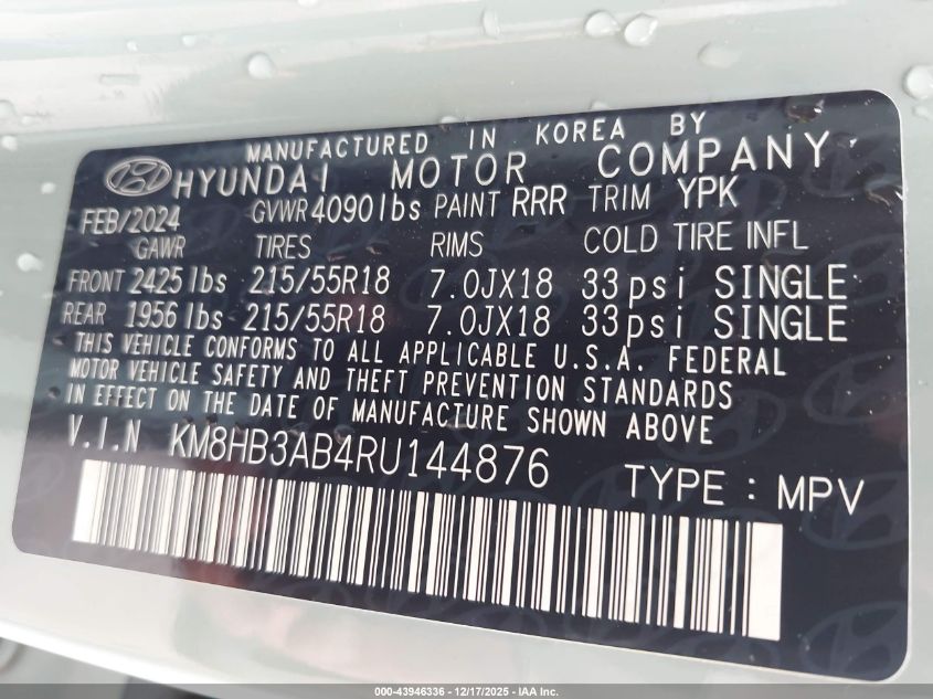 2024 Hyundai Kona Sel VIN: KM8HB3AB4RU144876 Lot: 43946336
