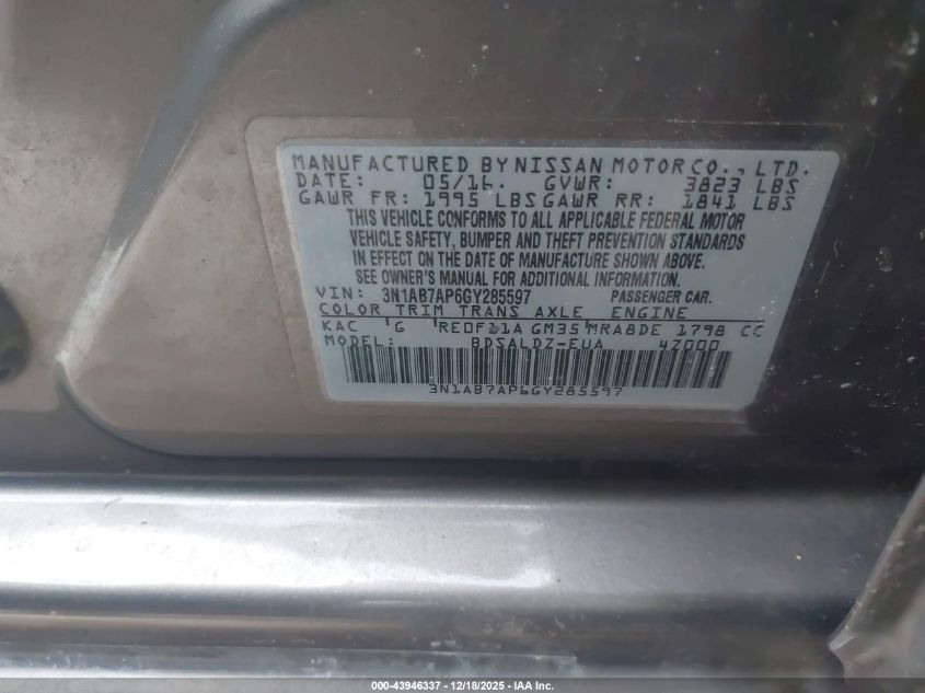 2016 Nissan Sentra Sv VIN: 3N1AB7AP6GY285597 Lot: 43946337