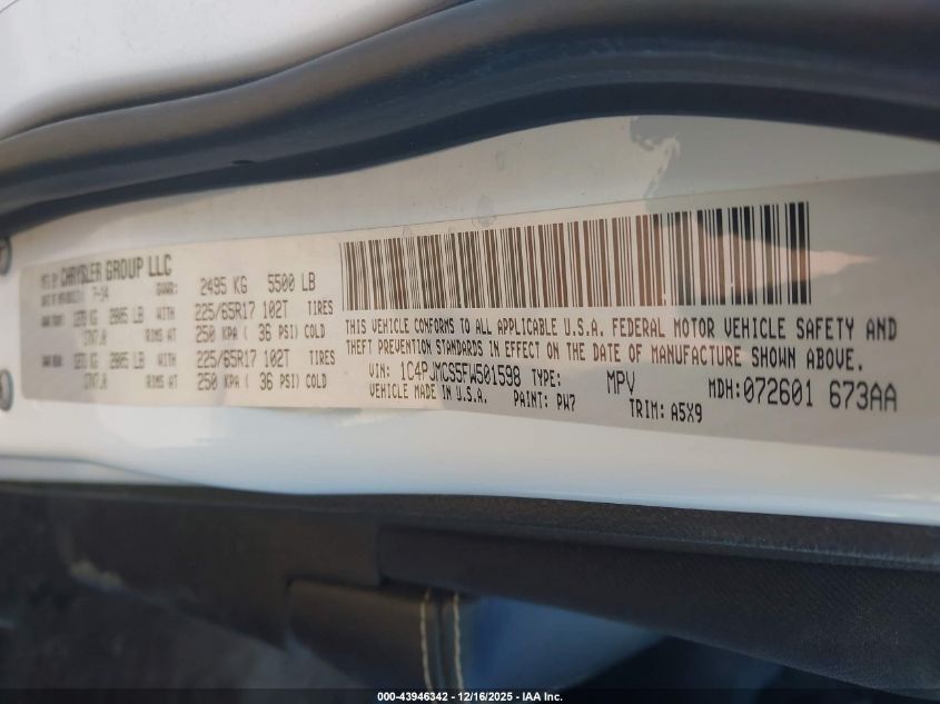 2015 Jeep Cherokee Latitude VIN: 1C4PJMCS5FW501598 Lot: 43946342