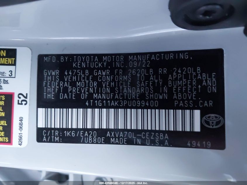 2023 Toyota Camry Se VIN: 4T1G11AK3PU099400 Lot: 43946346