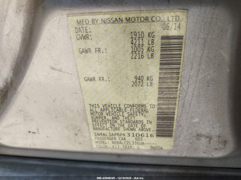 2015 Nissan Altima 2.5/2.5 S/2.5 Sl/2.5 Sv VIN: 1N4AL3AP6FN310616 Lot: 43946348