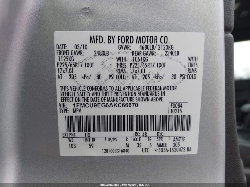 2010 Ford Escape Limited VIN: 1FMCU9EG6AKC66670 Lot: 43946349