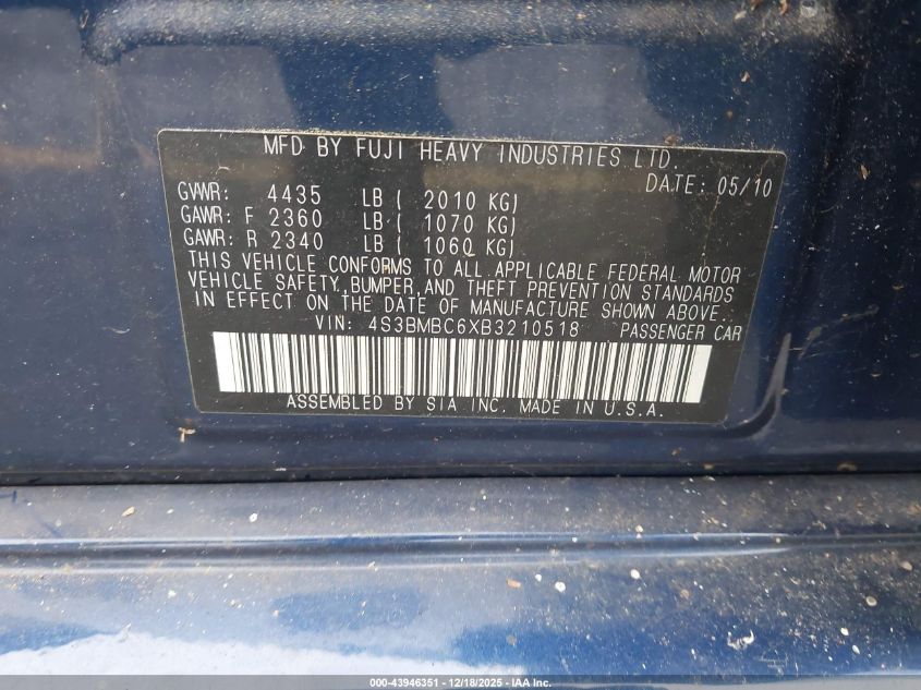 2011 Subaru Legacy 2.5I Premium VIN: 4S3BMBC6XB3210518 Lot: 43946351