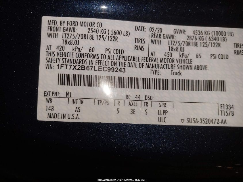 2020 Ford F-250 Xl VIN: 1FT7X2B67LEC99243 Lot: 43946352