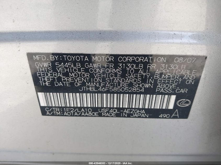 2008 Lexus Ls 460 VIN: JTHBL46F585052854 Lot: 43946353