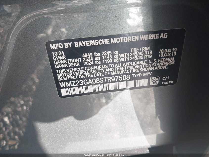 2025 Mini Countryman Cooper S VIN: WMZ23GA08S7R97508 Lot: 43946354