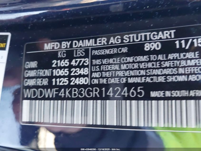 2016 Mercedes-Benz C 300 4Matic VIN: WDDWF4KB3GR142465 Lot: 43946356