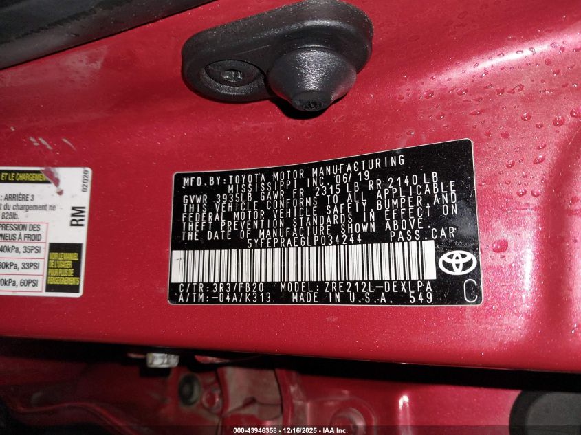 2020 Toyota Corolla Le VIN: 5YFEPRAE6LP034244 Lot: 43946358