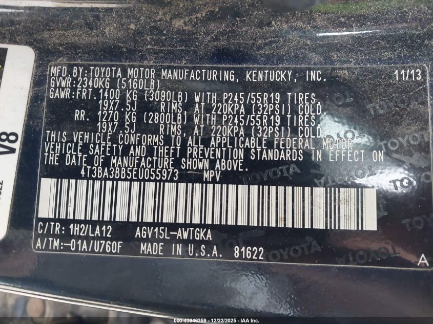 2014 Toyota Venza Xle VIN: 4T3BA3BB5EU055973 Lot: 43946359