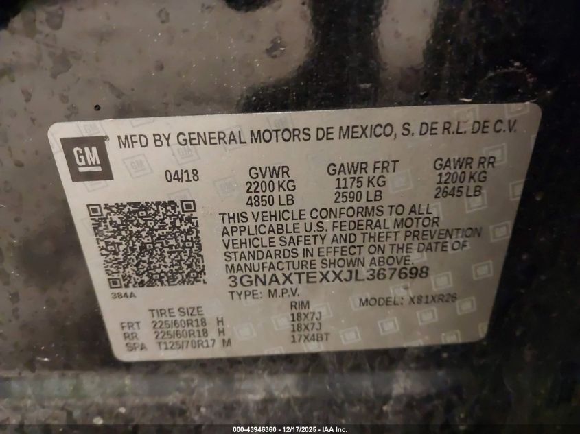 2018 Chevrolet Equinox Lt VIN: 3GNAXTEXXJL367698 Lot: 43946360