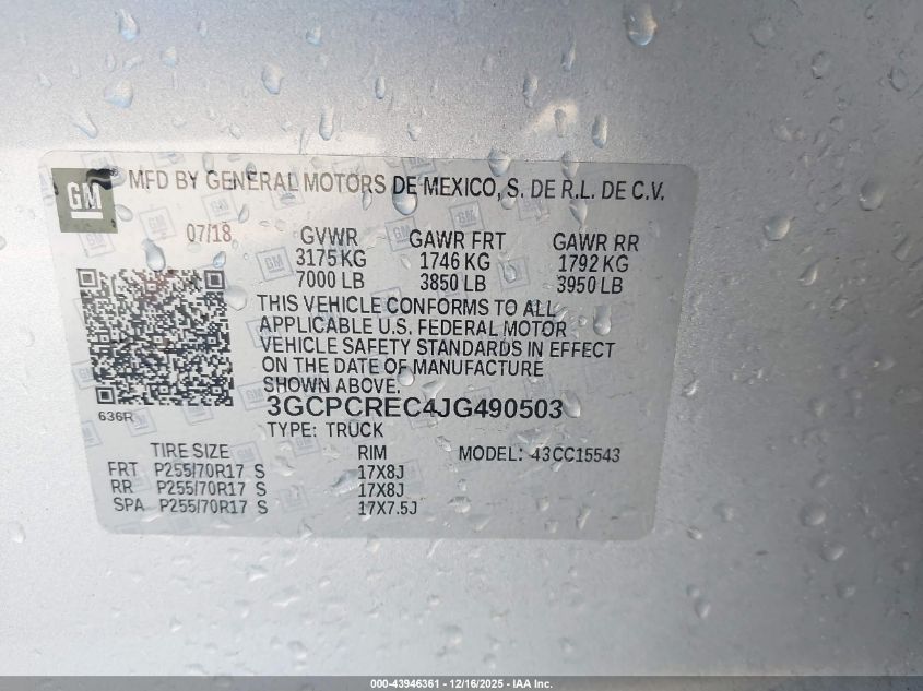 2018 Chevrolet Silverado 1500 1Lt VIN: 3GCPCREC4JG490503 Lot: 43946361