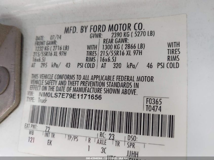 2014 Ford Transit Connect Xl VIN: NM0LS7E79E1171656 Lot: 43946364