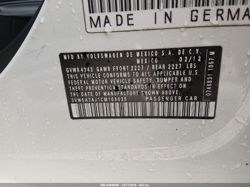2012 Volkswagen Jetta Gli VIN: 3VW5A7AJ1CM109035 Lot: 43946365