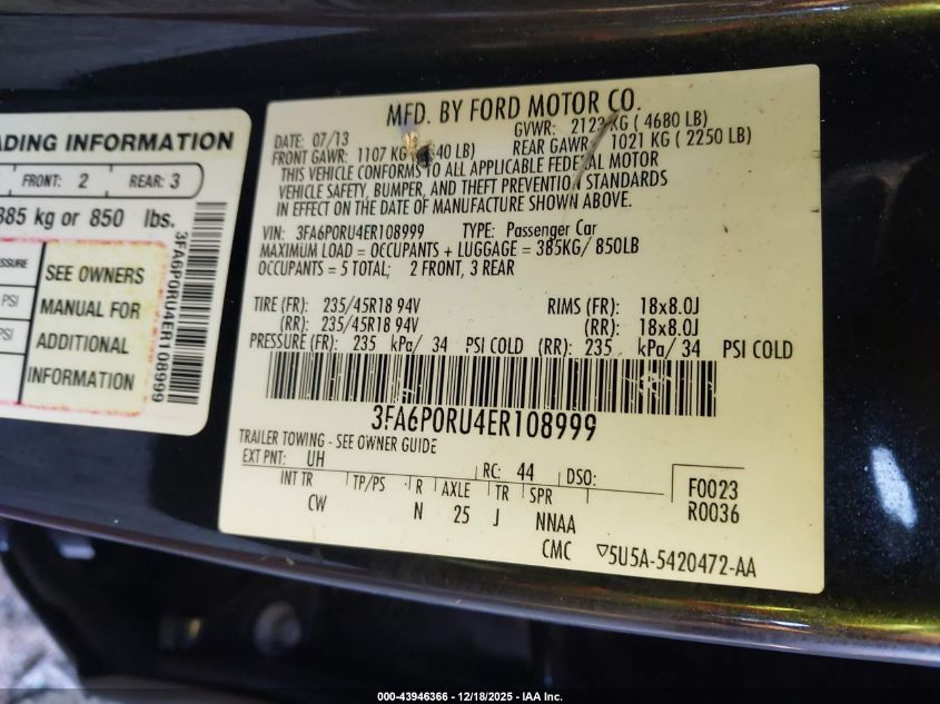 2014 Ford Fusion Hybrid Titanium VIN: 3FA6P0RU4ER108999 Lot: 43946366