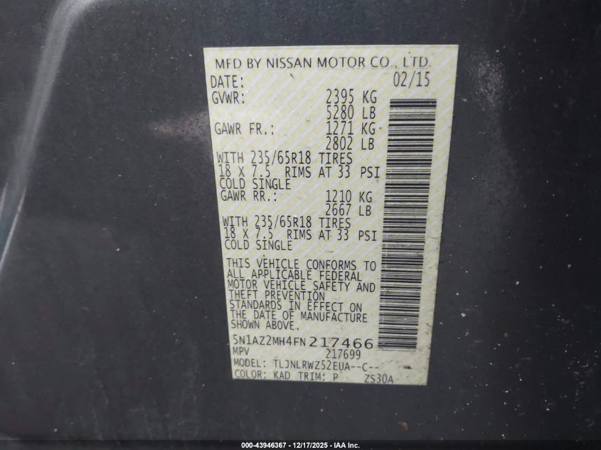 2015 Nissan Murano Sl VIN: 5N1AZ2MH4FN217466 Lot: 43946367