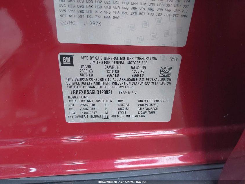 2020 Buick Envision Fwd Preferred VIN: LRBFXBSA6LD128021 Lot: 43946370