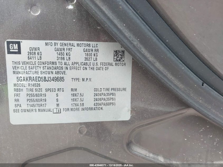 2011 Buick Enclave Cx VIN: 5GAKRAED5BJ349685 Lot: 43946371