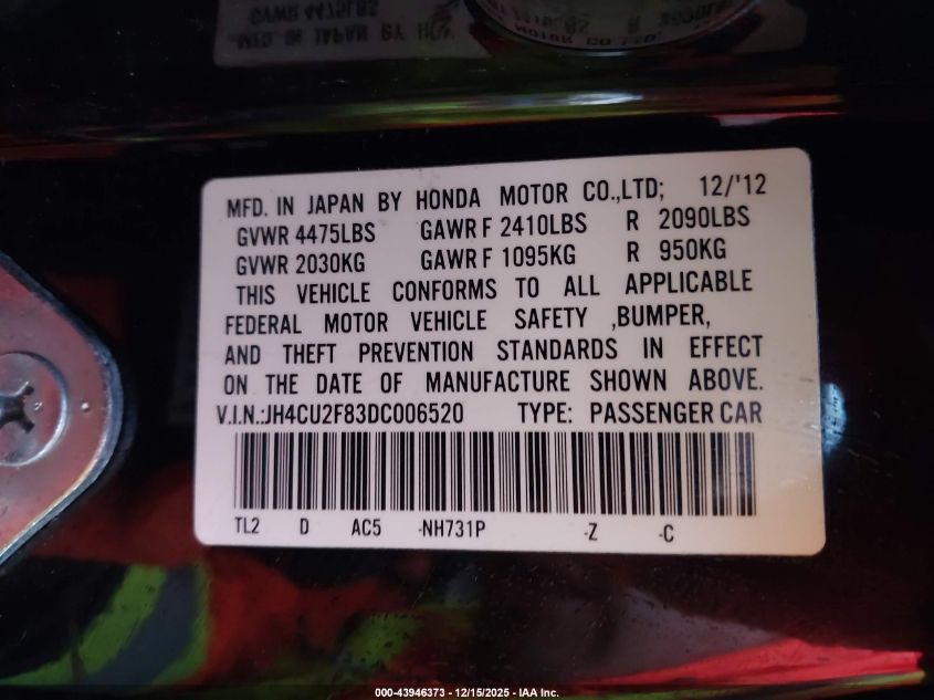 2013 Acura Tsx 2.4 VIN: JH4CU2F83DC006520 Lot: 43946373