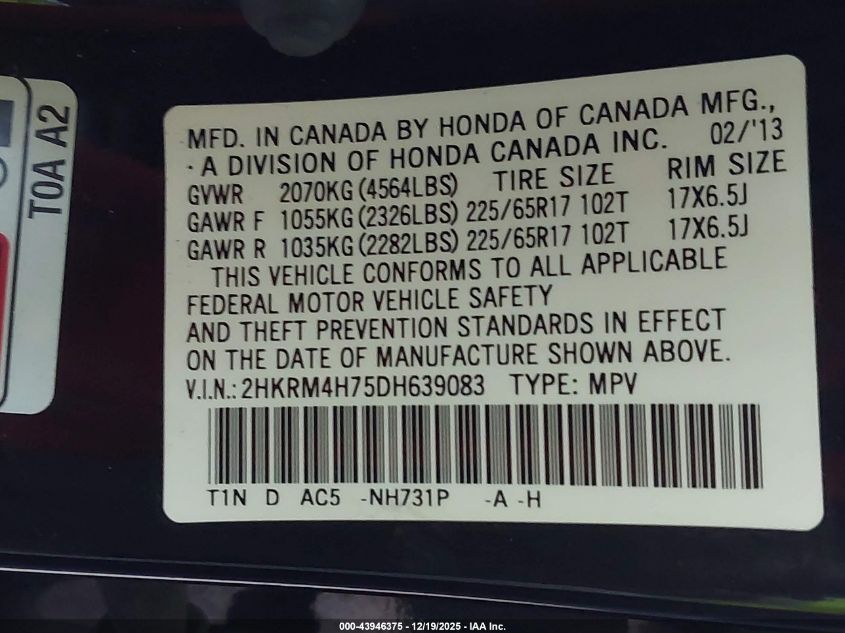 2013 Honda Cr-V Ex-L VIN: 2HKRM4H75DH639083 Lot: 43946375