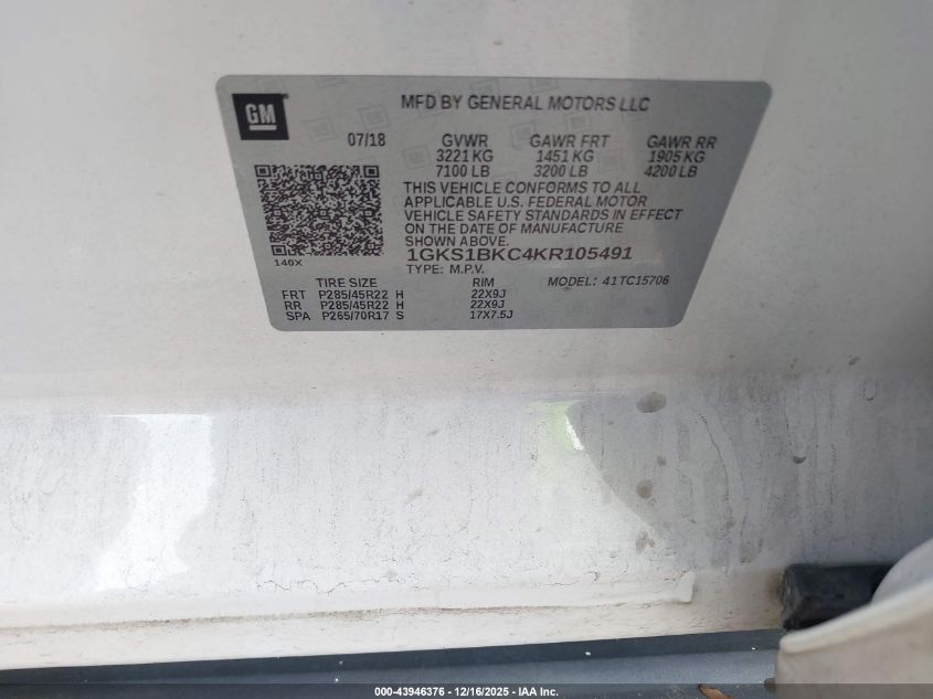 2019 GMC Yukon Slt VIN: 1GKS1BKC4KR105491 Lot: 43946376
