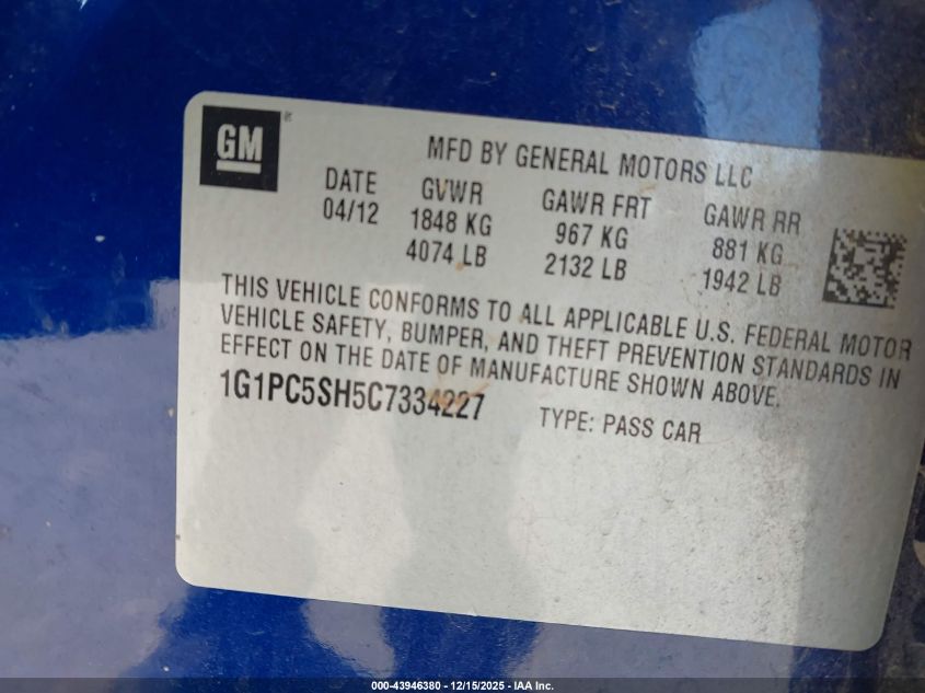 2012 Chevrolet Cruze Ls VIN: 1G1PC5SH5C7334227 Lot: 43946380