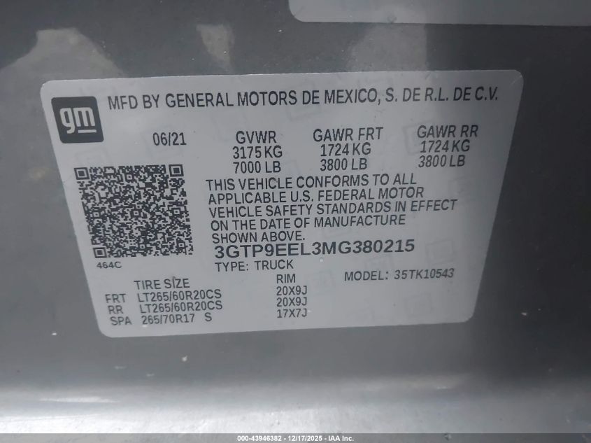 2021 GMC Sierra 1500 4Wd Short Box At4 VIN: 3GTP9EEL3MG380215 Lot: 43946382
