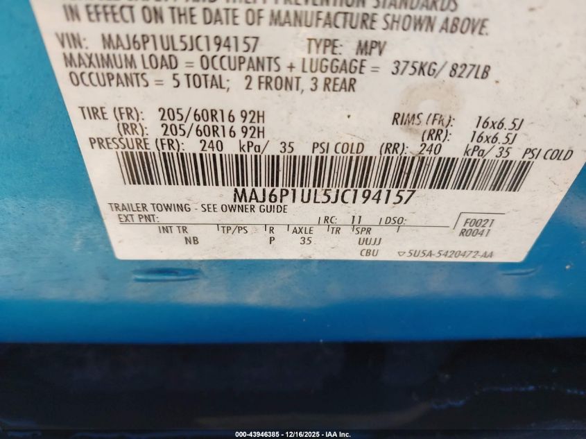 2018 Ford Ecosport Se VIN: MAJ6P1UL5JC194157 Lot: 43946385