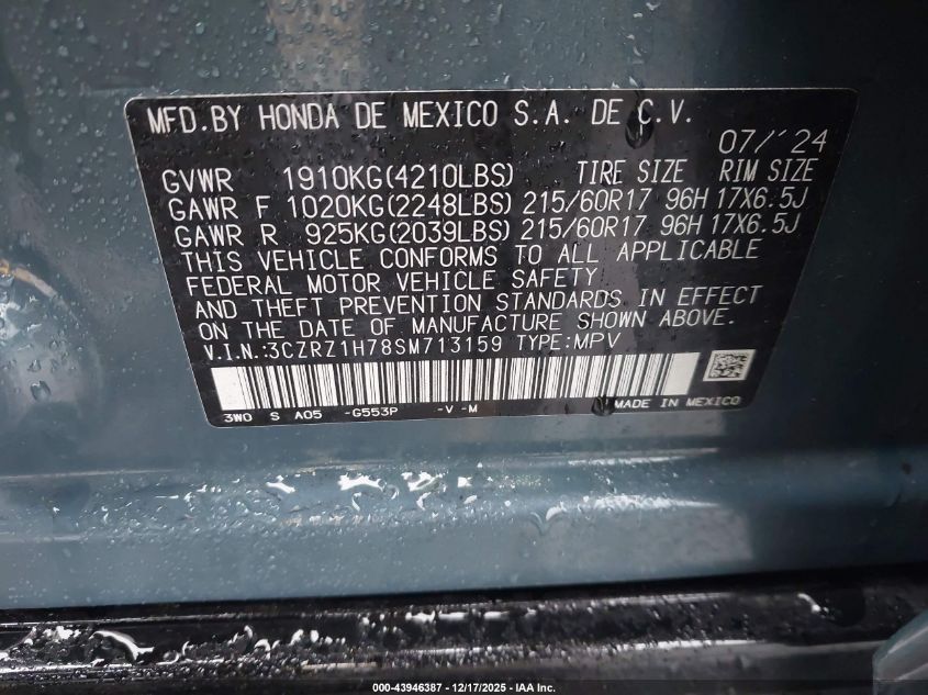 2025 Honda Hr-V 2Wd Ex-L VIN: 3CZRZ1H78SM713159 Lot: 43946387