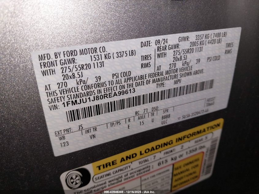 2024 Ford Expedition Xlt VIN: 1FMJU1J80REA99613 Lot: 43946388