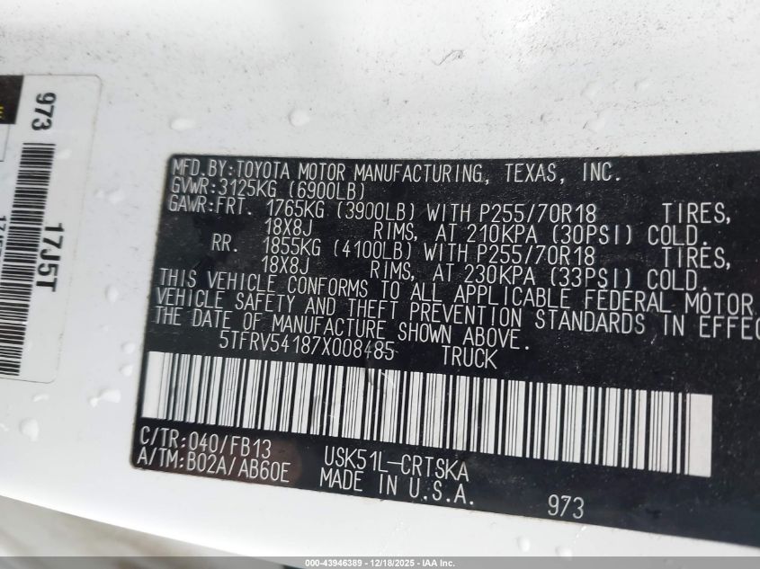 2007 Toyota Tundra Sr5 V8 VIN: 5TFRV54187X008485 Lot: 43946389