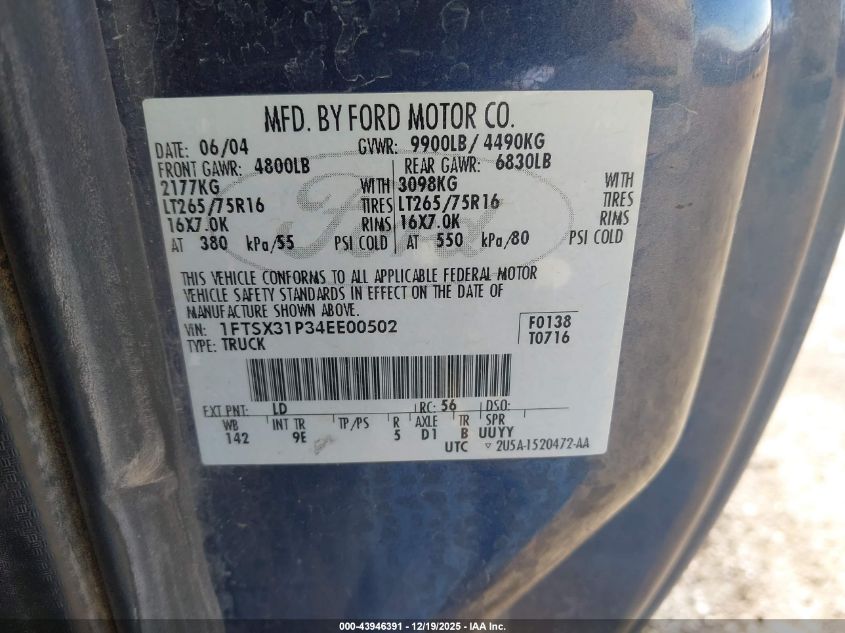 2004 Ford F-350 Lariat/Xl/Xlt VIN: 1FTSX31P34EE00502 Lot: 43946391
