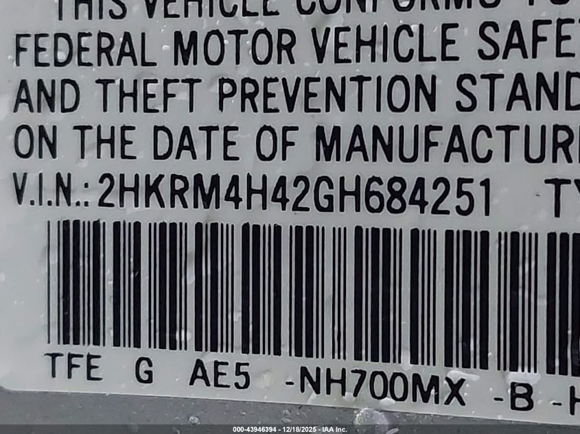 2016 Honda Cr-V Se VIN: 2HKRM4H42GH684251 Lot: 43946394
