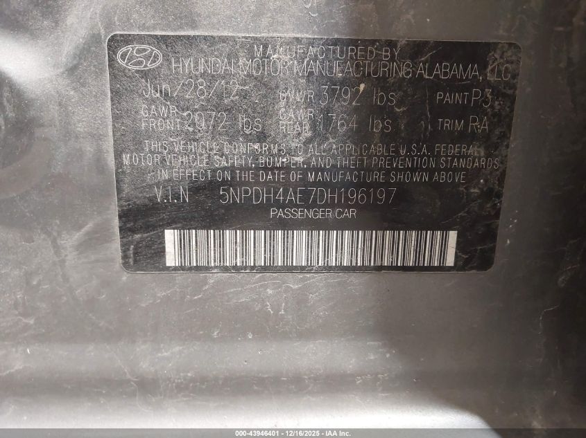 2013 Hyundai Elantra Gls/Limited VIN: 5NPDH4AE7DH196197 Lot: 43946401
