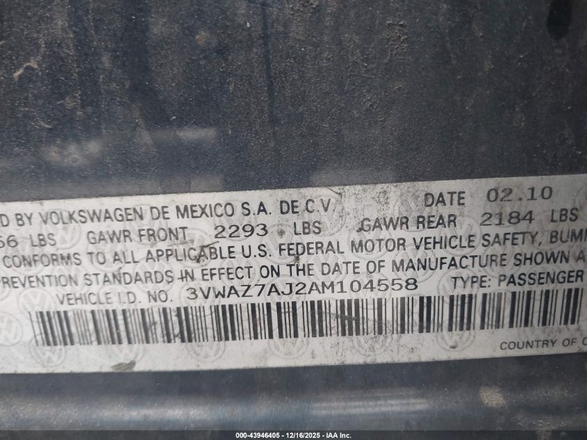 2010 Volkswagen Jetta Limited Edition VIN: 3VWAZ7AJ2AM104558 Lot: 43946405