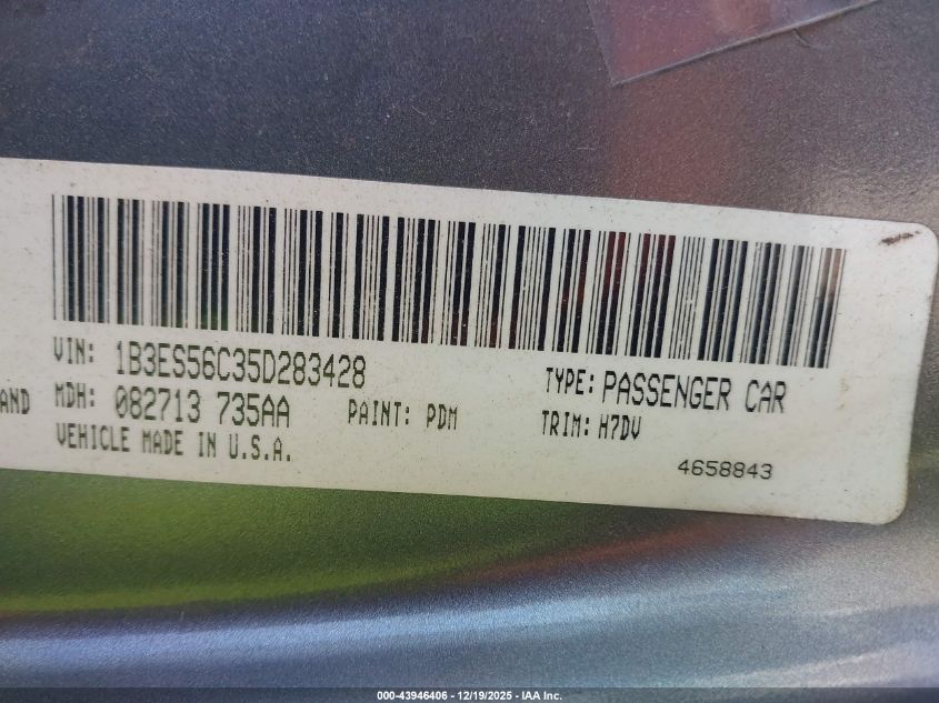 2005 Dodge Neon Sxt VIN: 1B3ES56C35D283428 Lot: 43946406