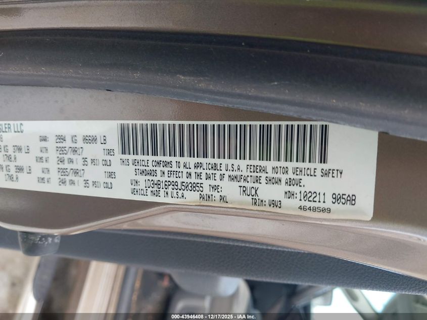 2009 Dodge Ram 1500 St VIN: 1D3HB16P99J503855 Lot: 43946408