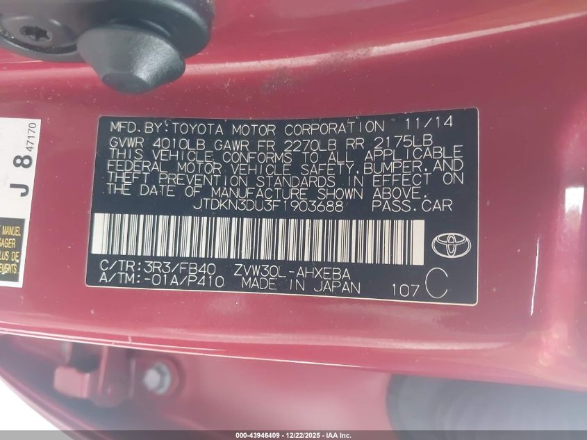 2015 Toyota Prius Three VIN: JTDKN3DU3F1903688 Lot: 43946409