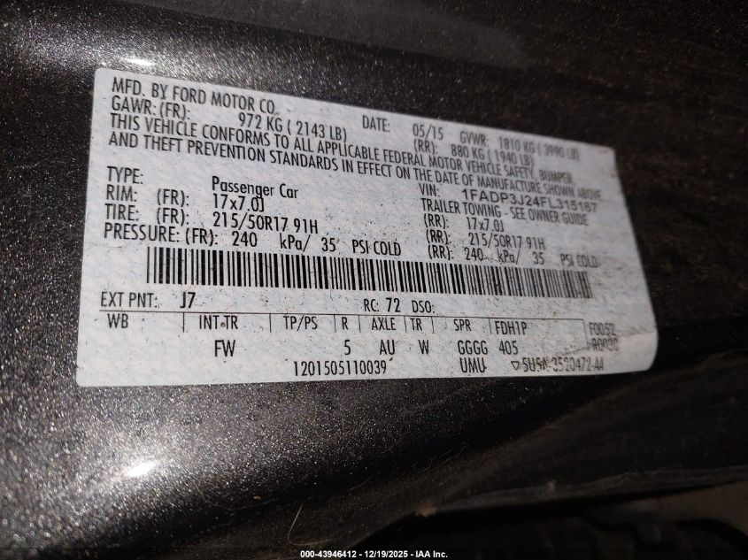 2015 Ford Focus Titanium VIN: 1FADP3J24FL315167 Lot: 43946412