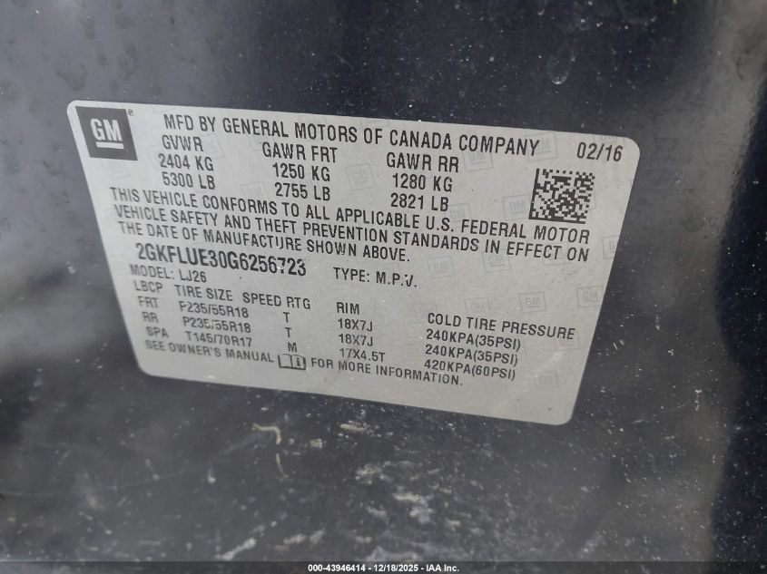 2016 GMC Terrain Slt VIN: 2GKFLUE30G6256723 Lot: 43946414