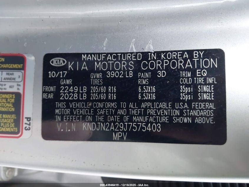 2018 Kia Soul VIN: KNDJN2A29J7575403 Lot: 43946419